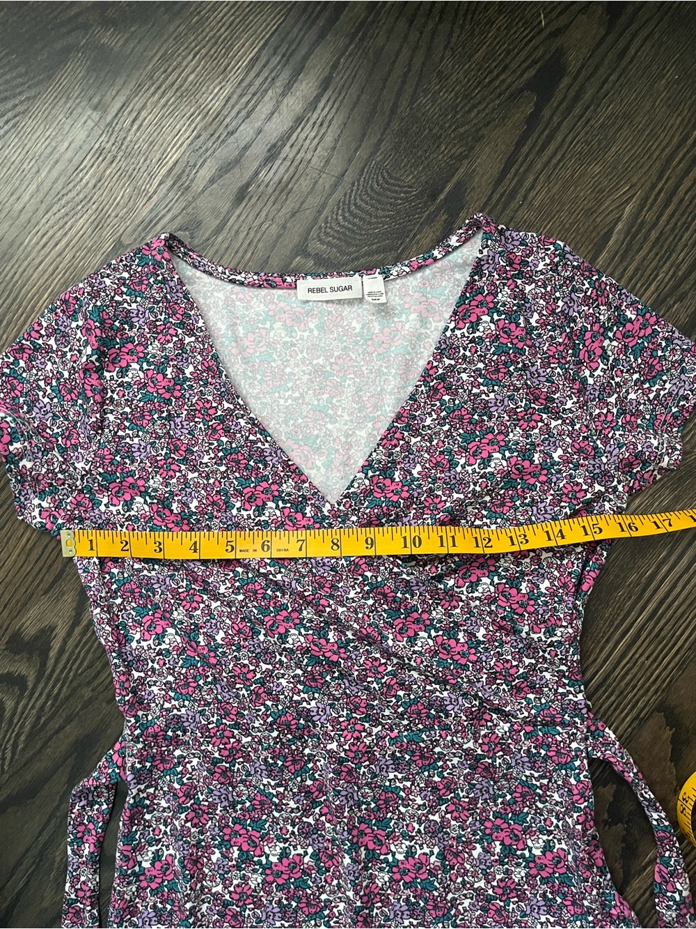 Rebel Sugar Pink & Purple Floral Faux Wrap Stretch Mini Dress Ruffle Hem Size S - Picture 4 of 8